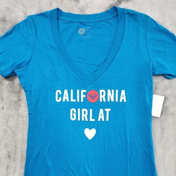 NEW Roxy Top Womens S Blue California Girl at Heart Deep V-Neck Short Sleeve Tee - Picture 2 of 9